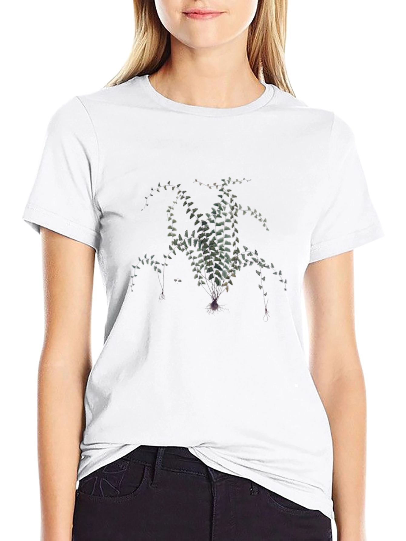 Black T-Shirt with Botanical Fern Print