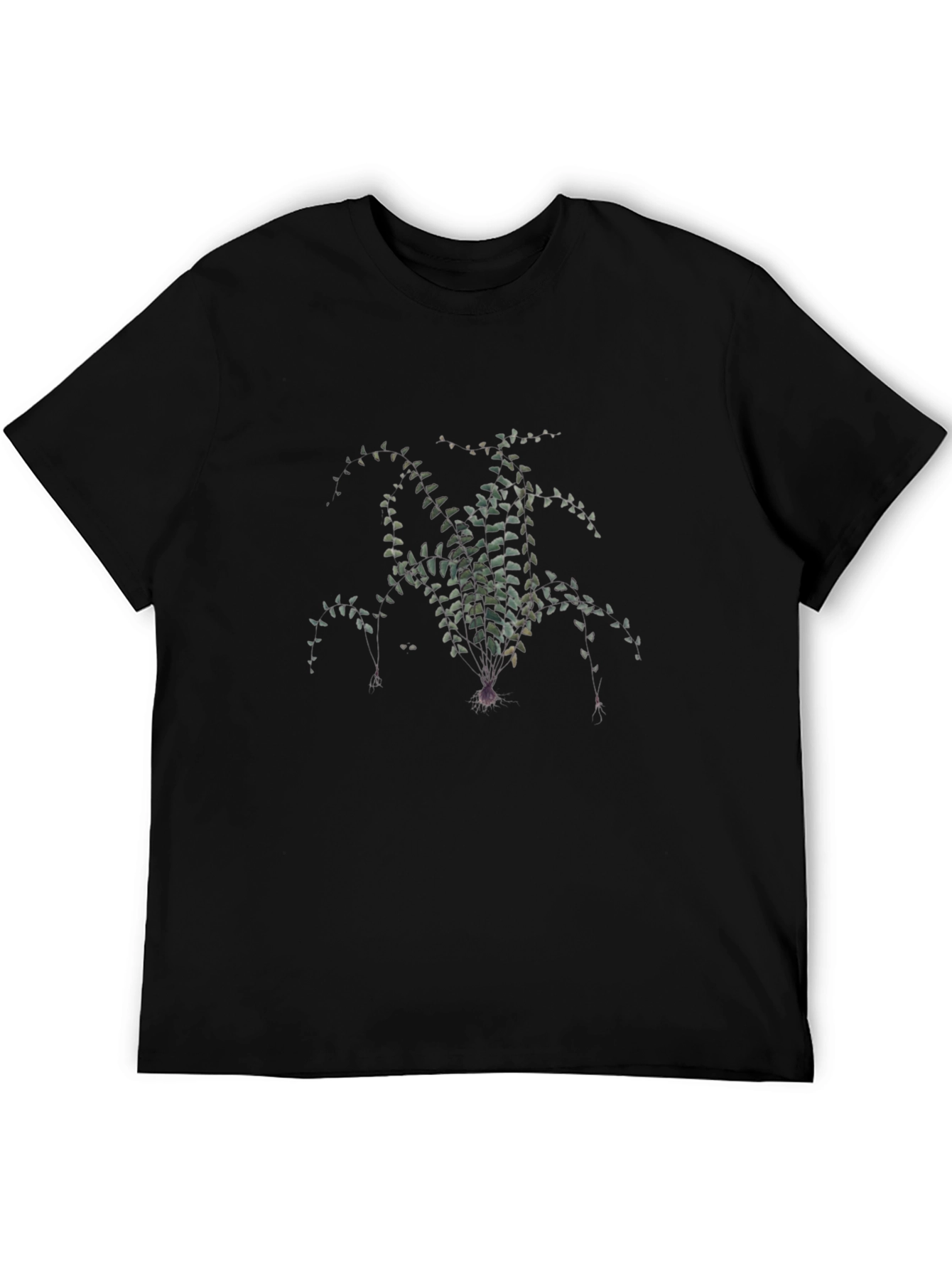 Black T-Shirt with Botanical Fern Print