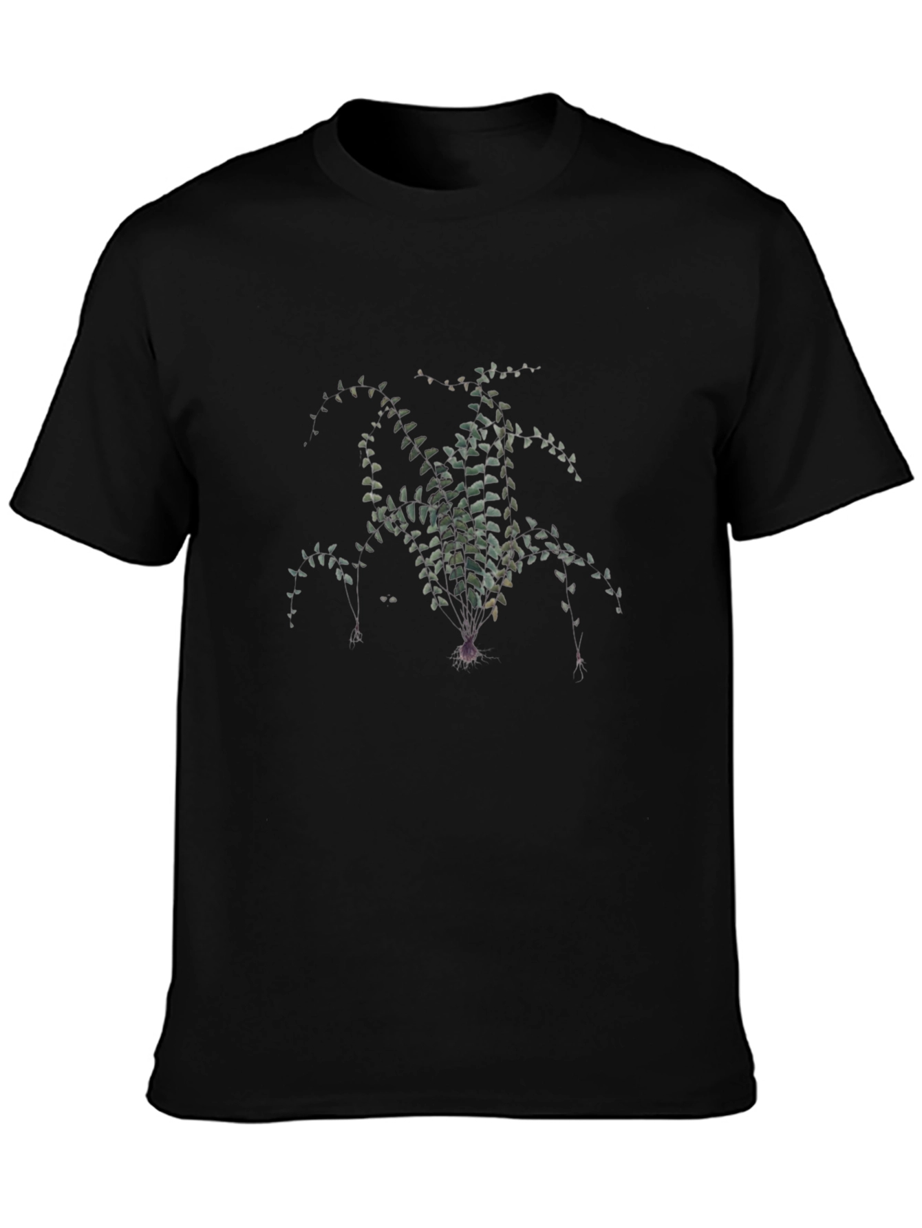 Black T-Shirt with Botanical Fern Print