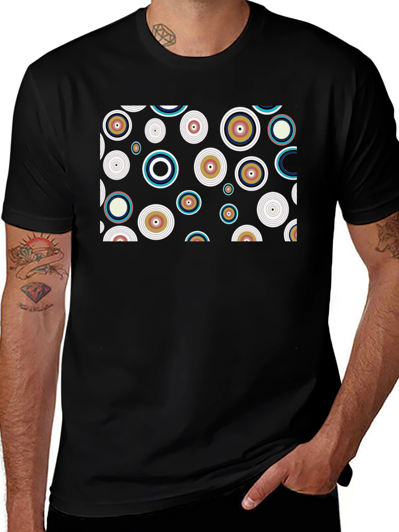 Retro Circle Pattern Black T-Shirt