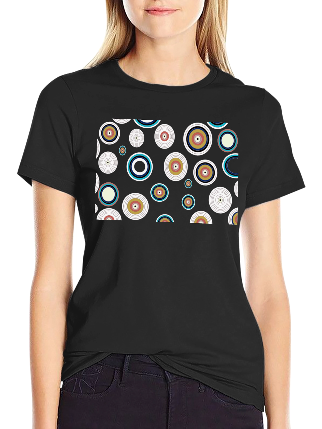 Retro Circle Pattern Black T-Shirt