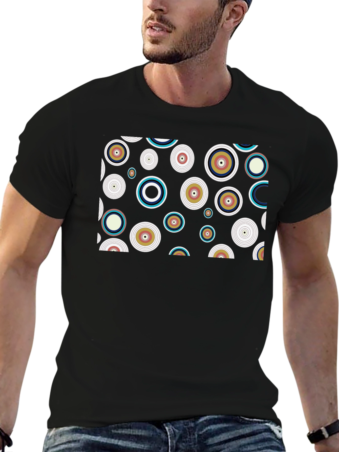 Retro Circle Pattern Black T-Shirt