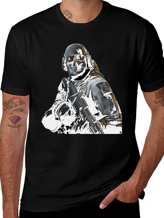 Tactical Soldier Graphic Tee - Black Cotton T-Shirt