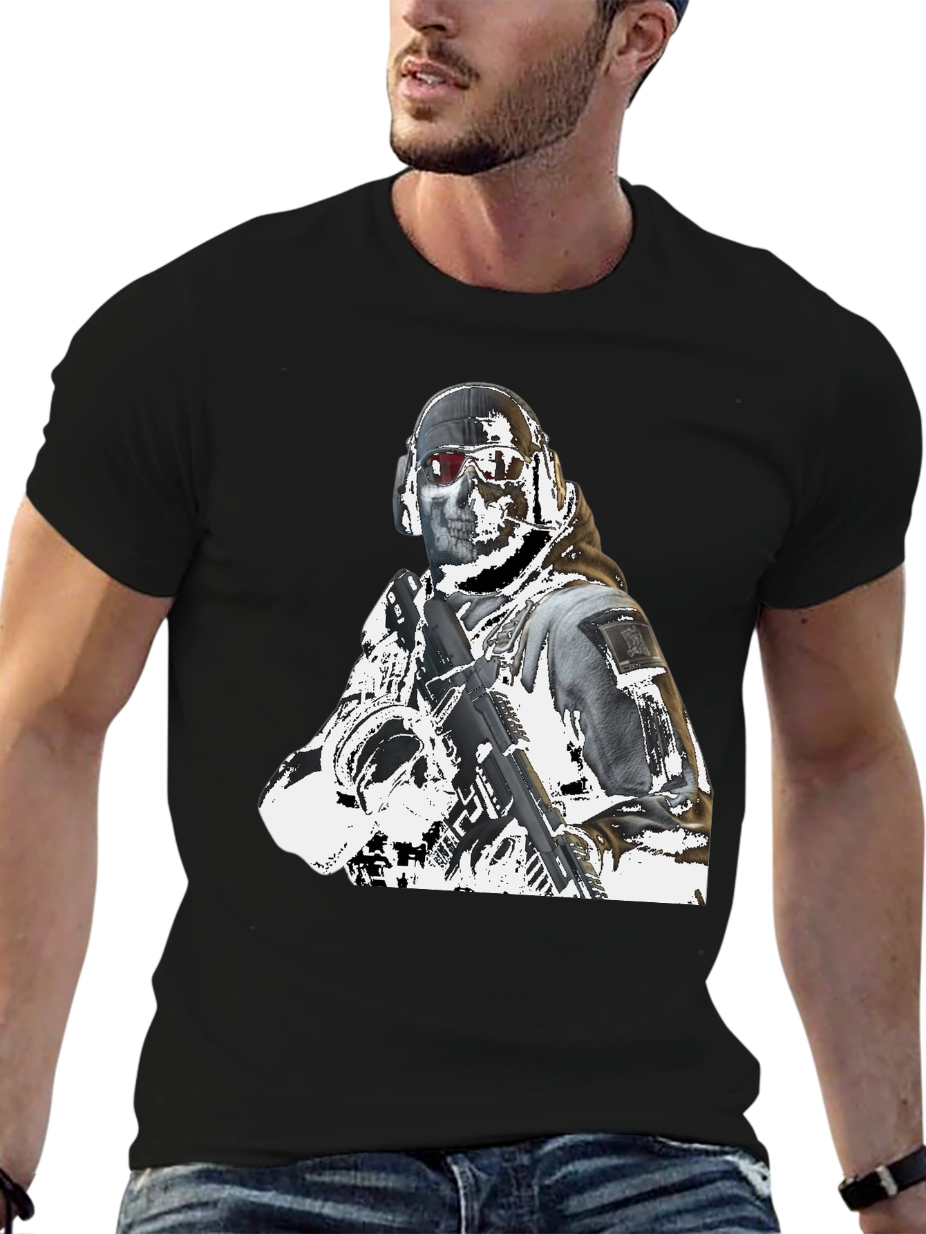 Tactical Soldier Graphic Tee - Black Cotton T-Shirt