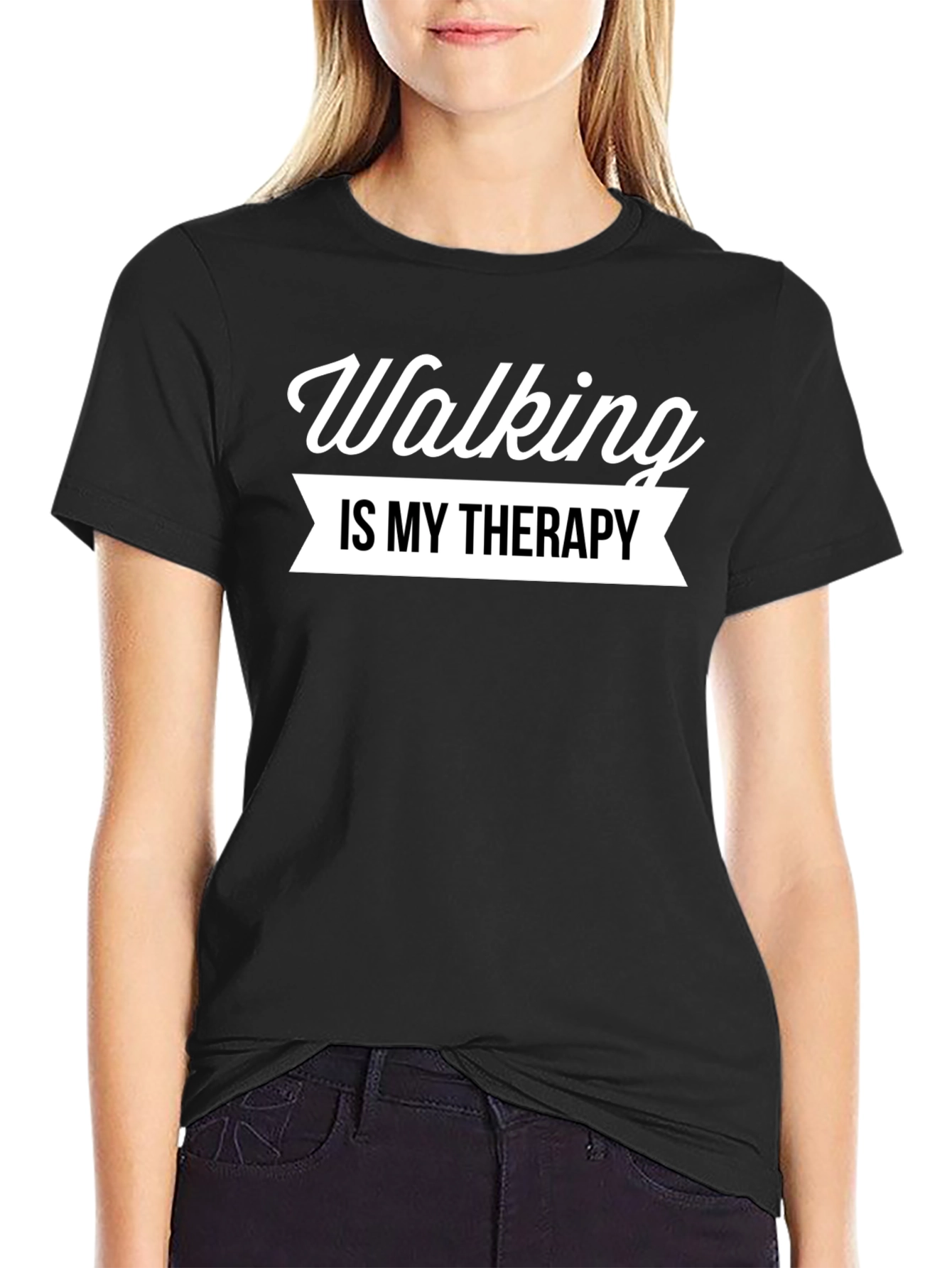 Walking is My Therapy Black T-Shirt