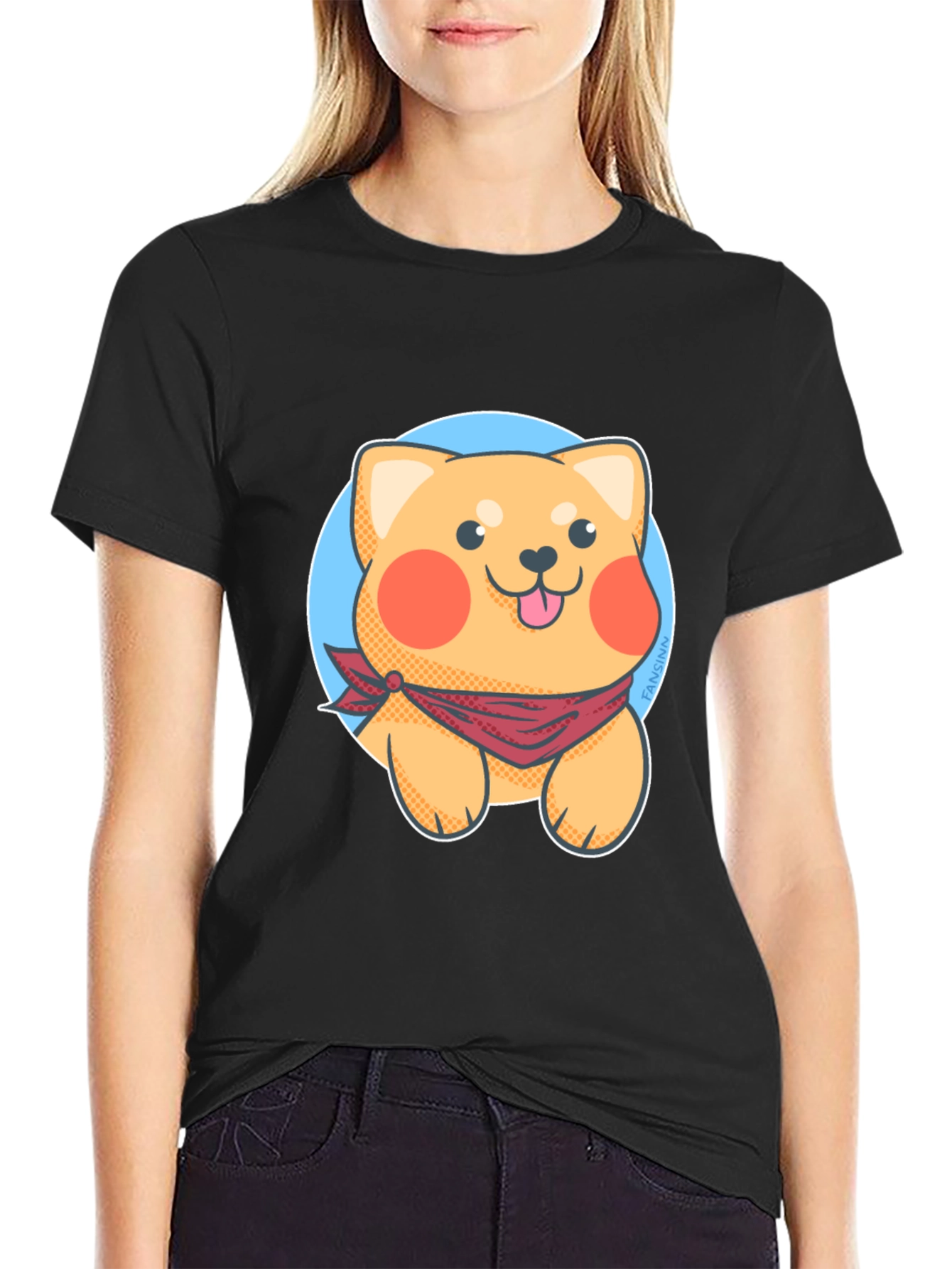 Cute Cartoon Dog Graphic Tee - Black