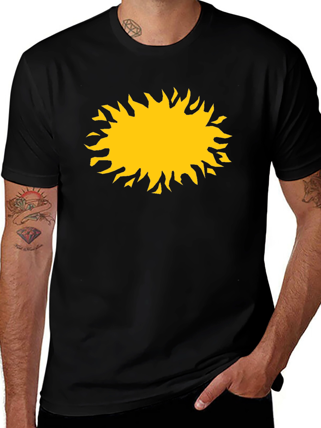 Black T-Shirt with Yellow Sun Graphic