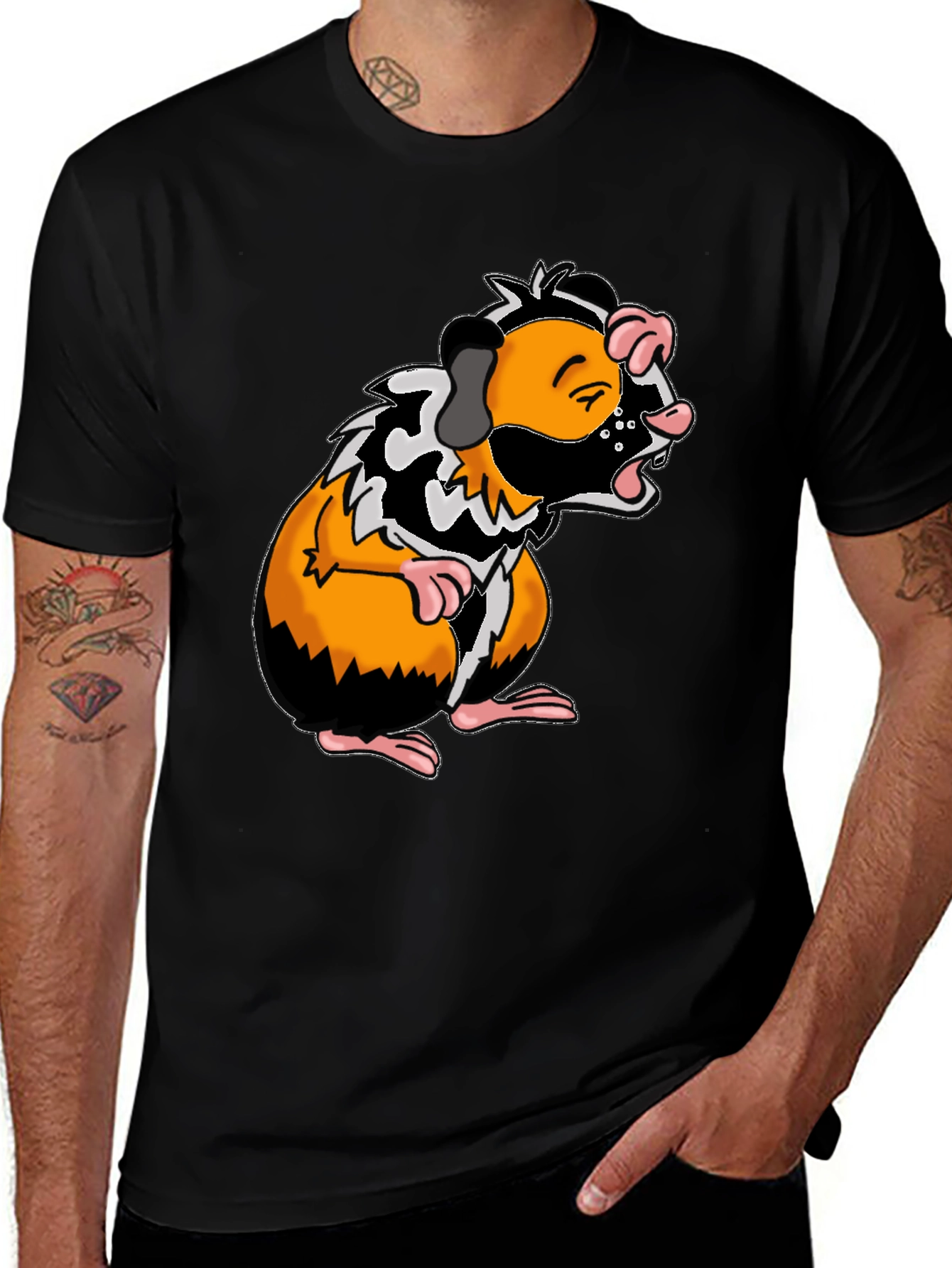 Guinea Pig Cartoon Graphic Tee - Black T-Shirt
