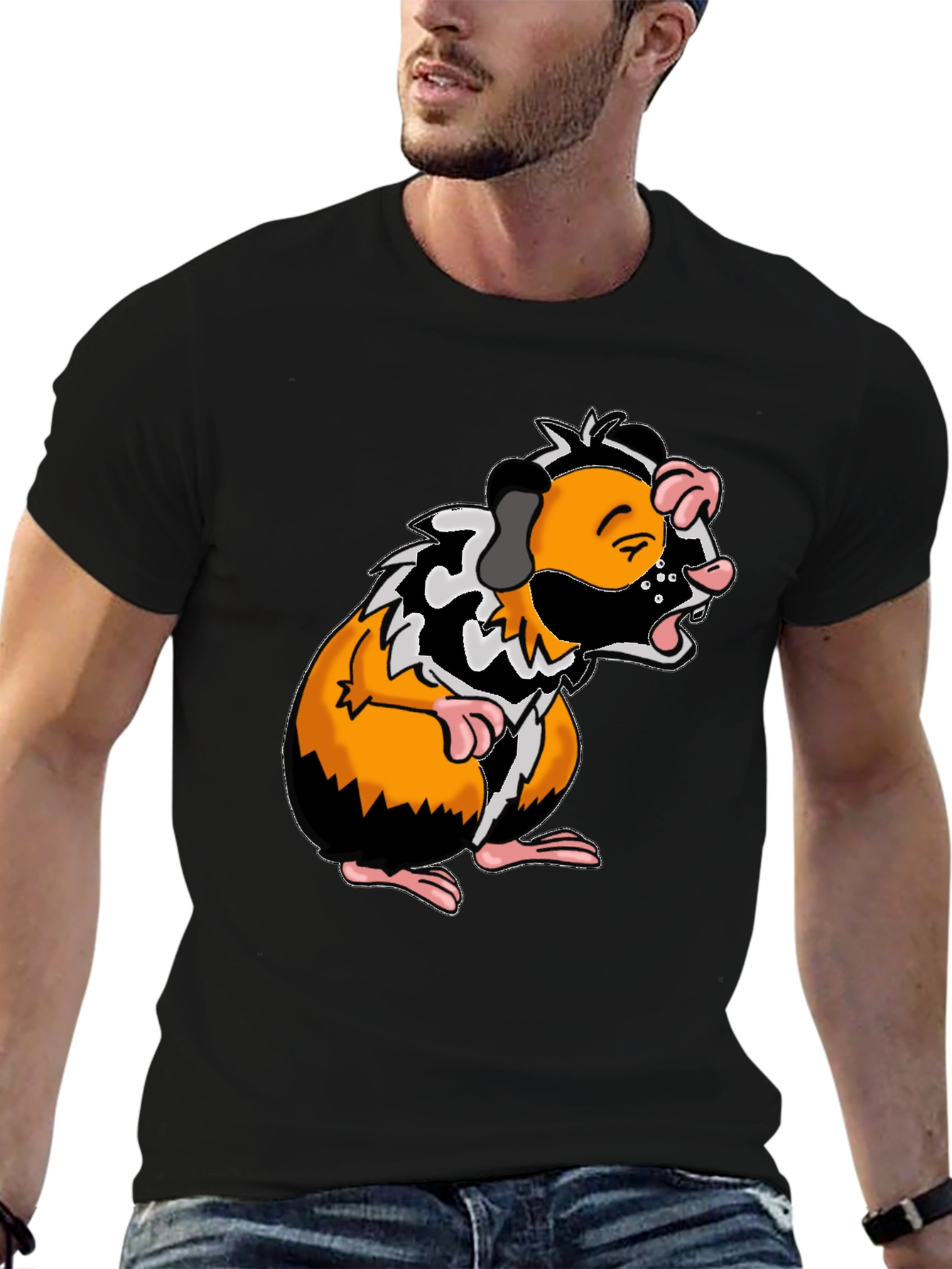 Guinea Pig Cartoon Graphic Tee - Black T-Shirt