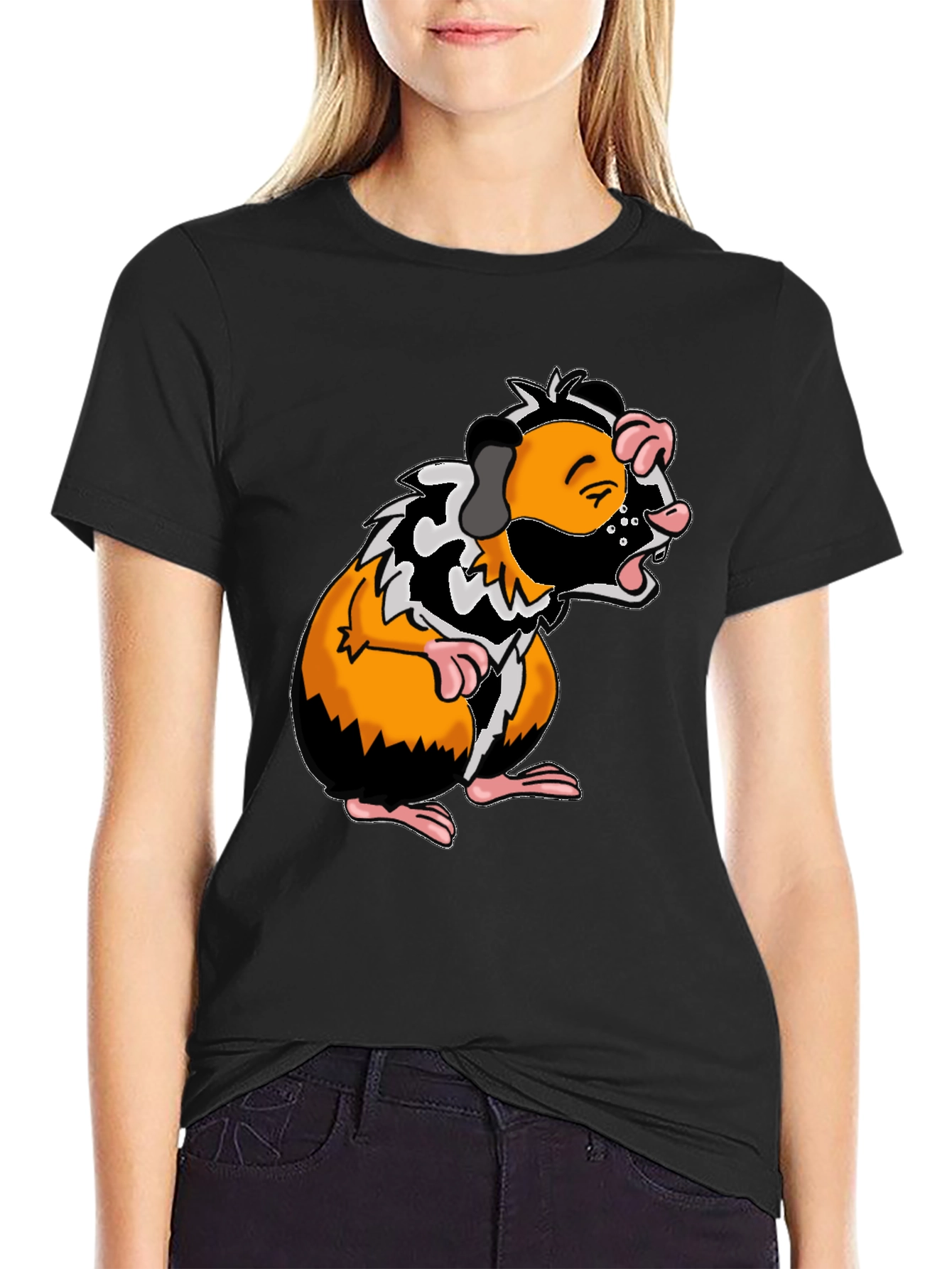 Guinea Pig Cartoon Graphic Tee - Black T-Shirt